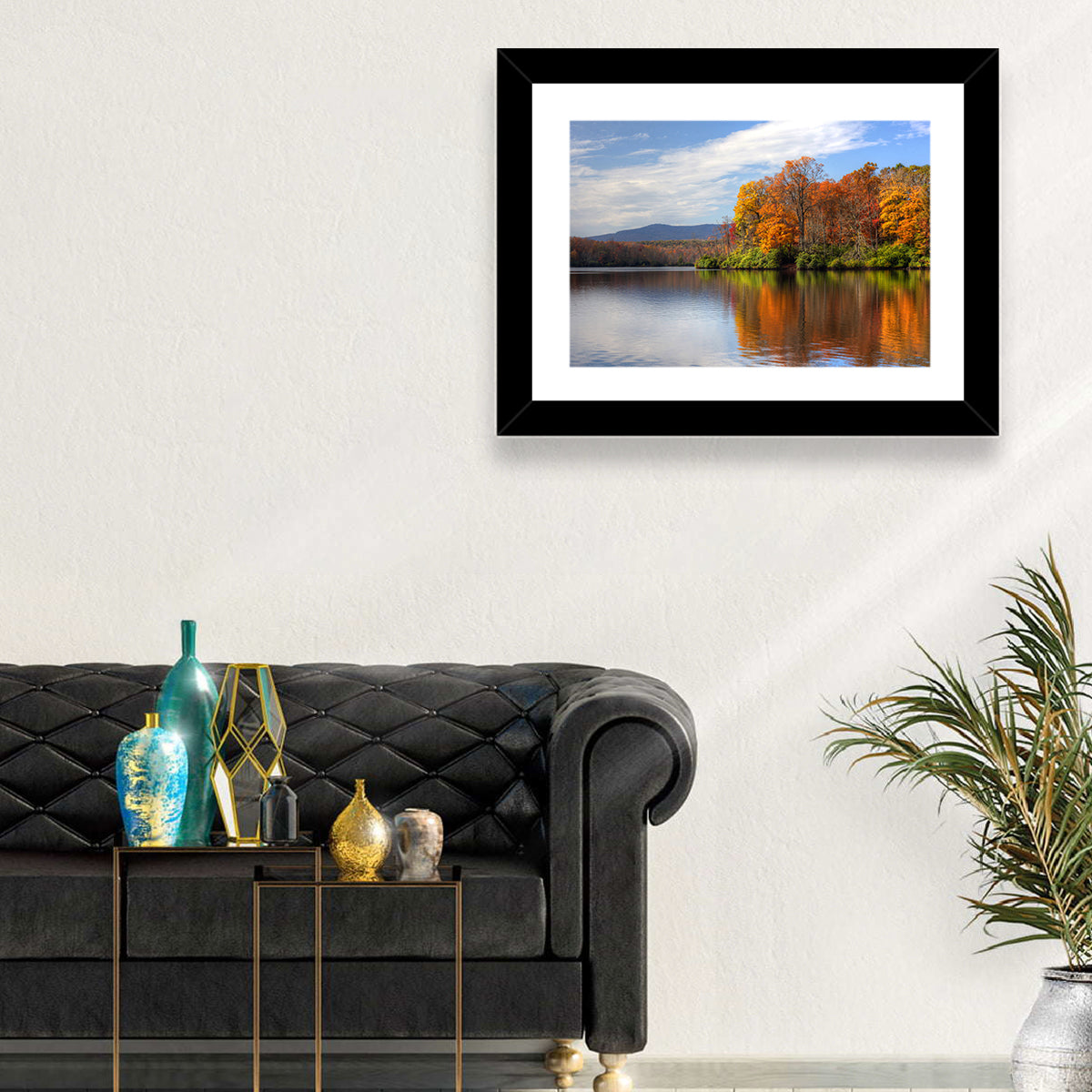 Autumn Lake with Mountain Reflection Wall Art in a room, landscape