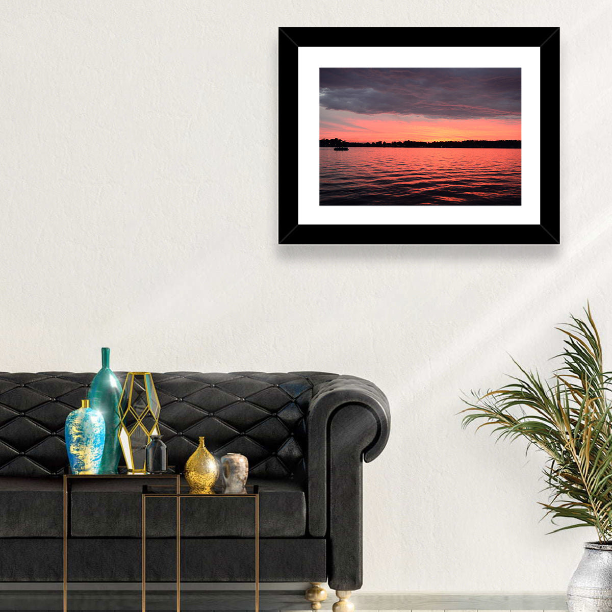 Lake James Sunset with Boat Wall Art in a room, landscape