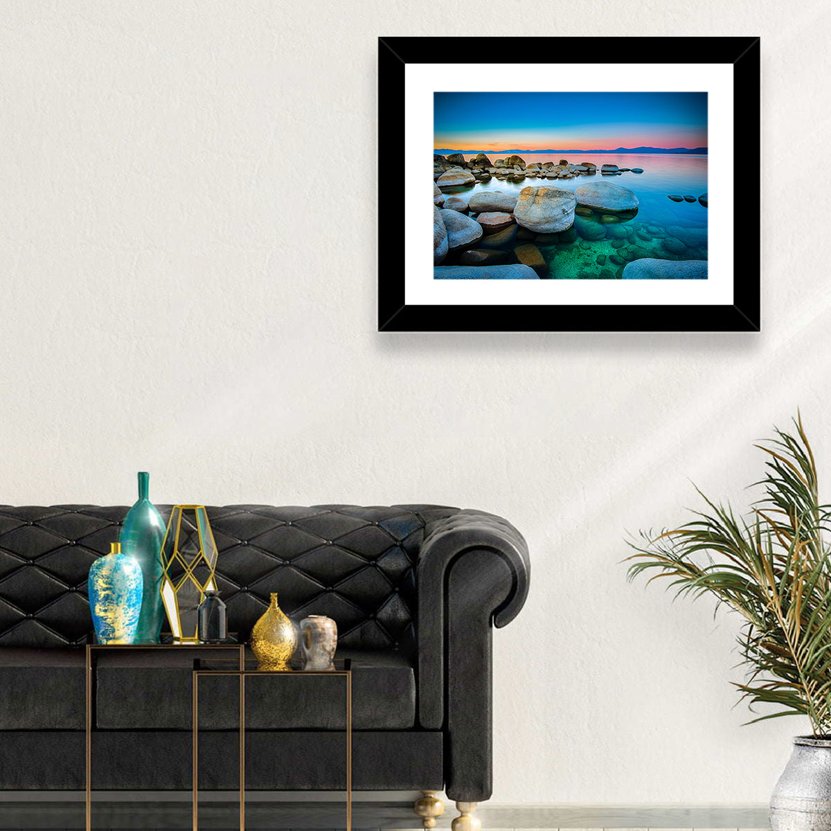Lake Tahoe Sunset Boulders Wall Art in a room, landscape