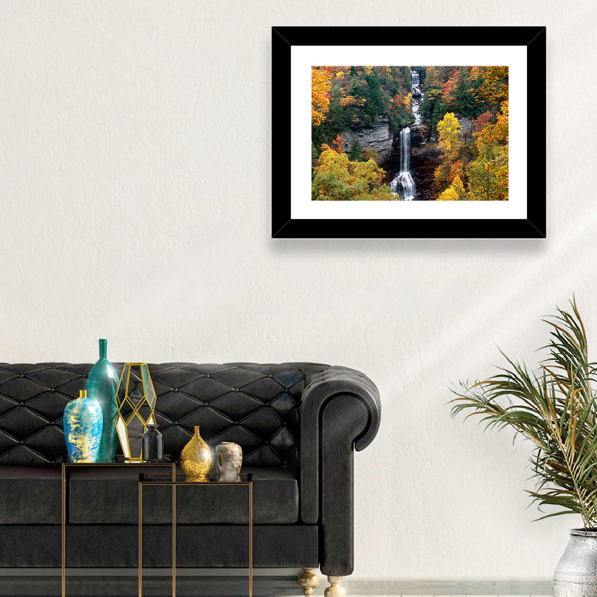 Raven Cliff Waterfall Wall Art in a room, landscape