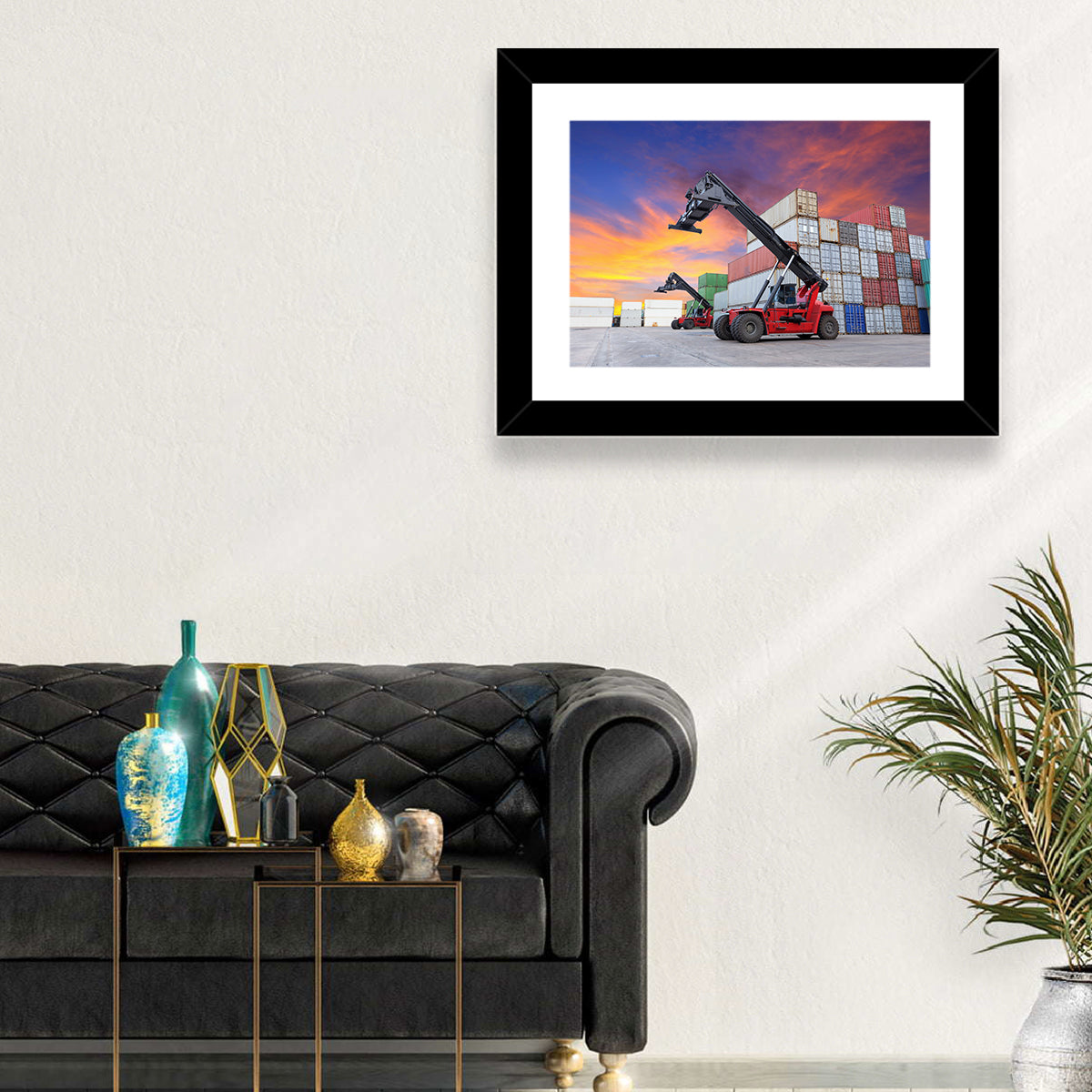 Red Reach Stackers at Sunset Wall Art in a room, landscape