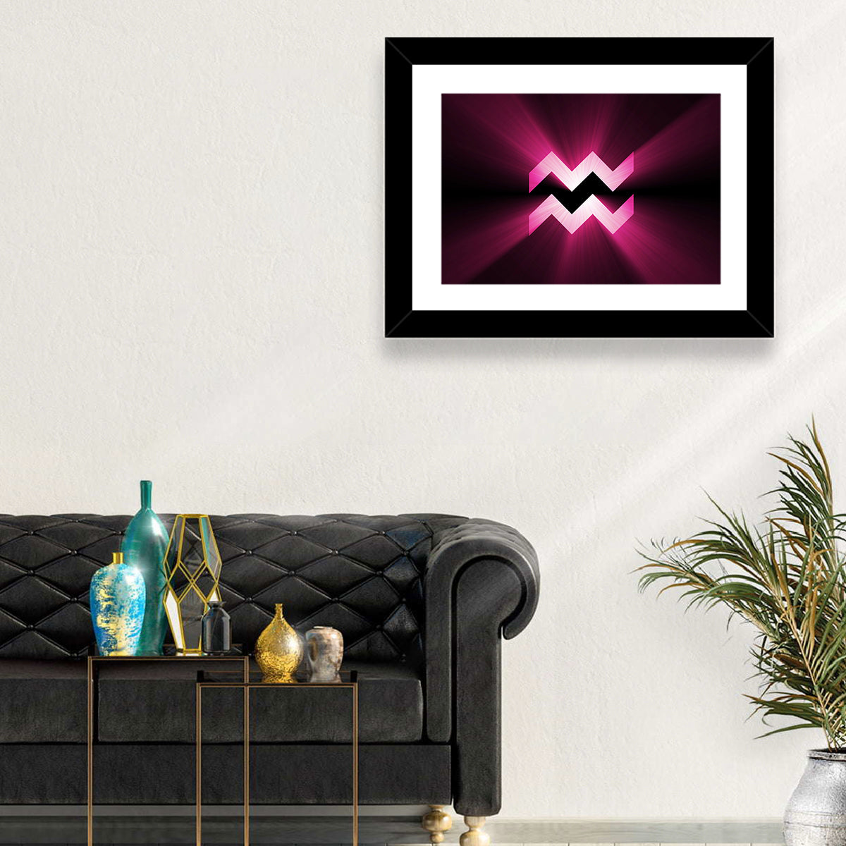 Magenta Aquarius Symbol Wall Art in a room, landscape