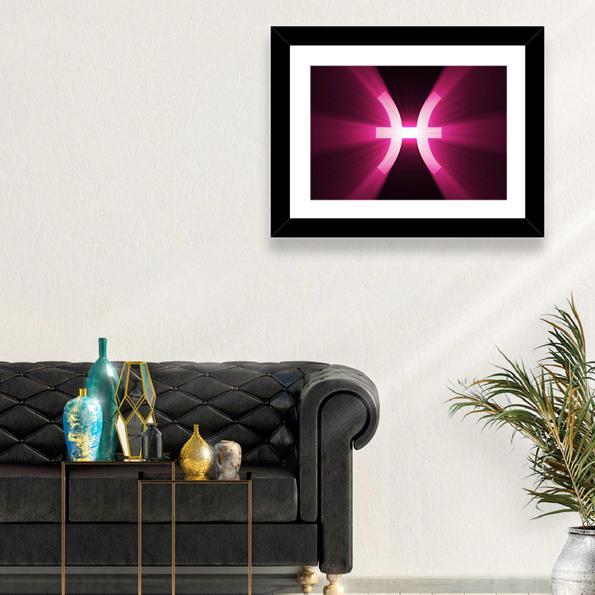 Magenta Pisces Symbol Wall Art in a room, landscape