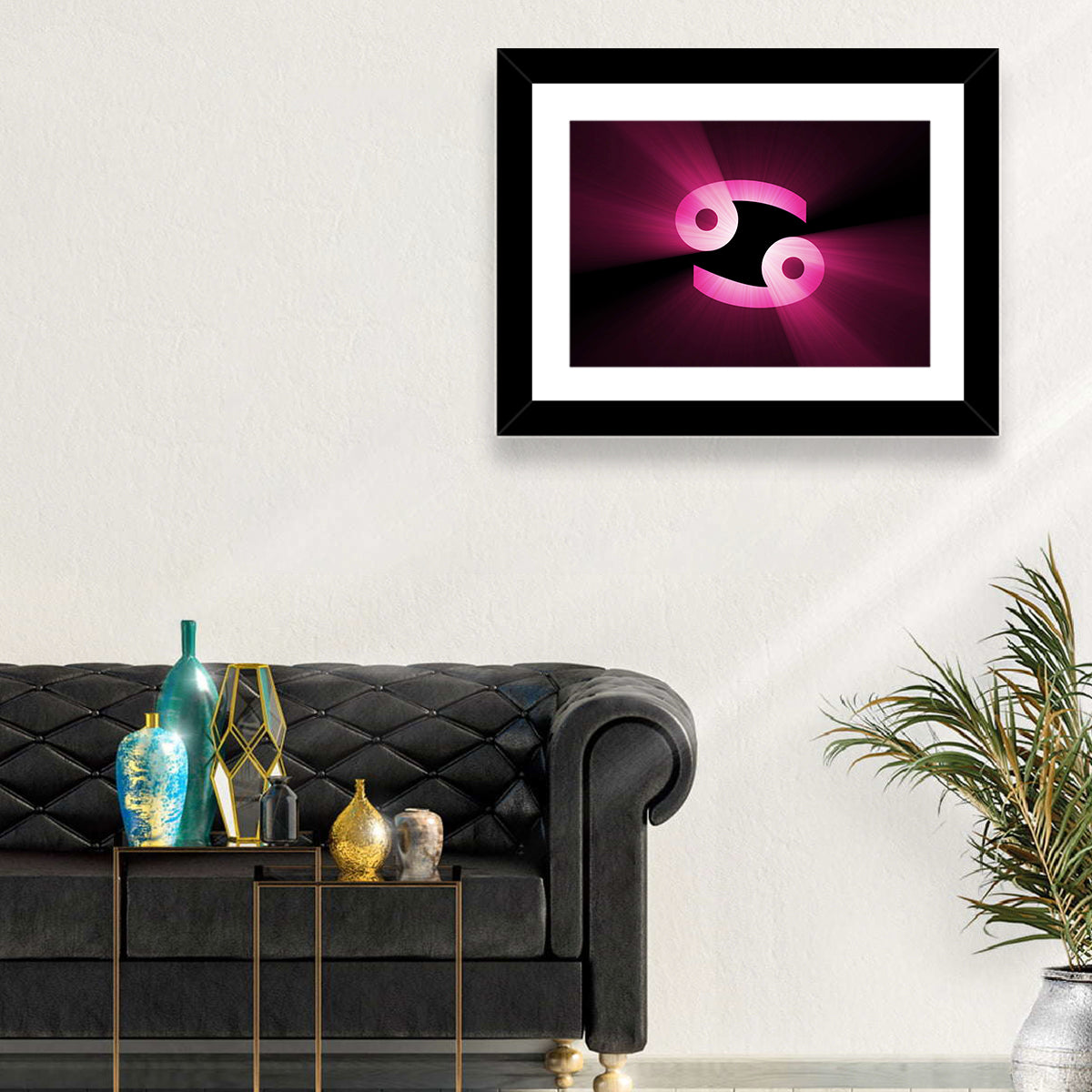 Glowing Pink Cancer Symbol Wall Art in a room, landscape