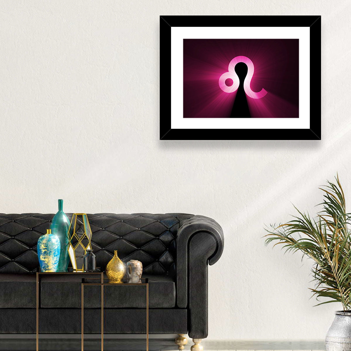 Glowing Magenta Leo Symbol Wall Art in a room, landscape