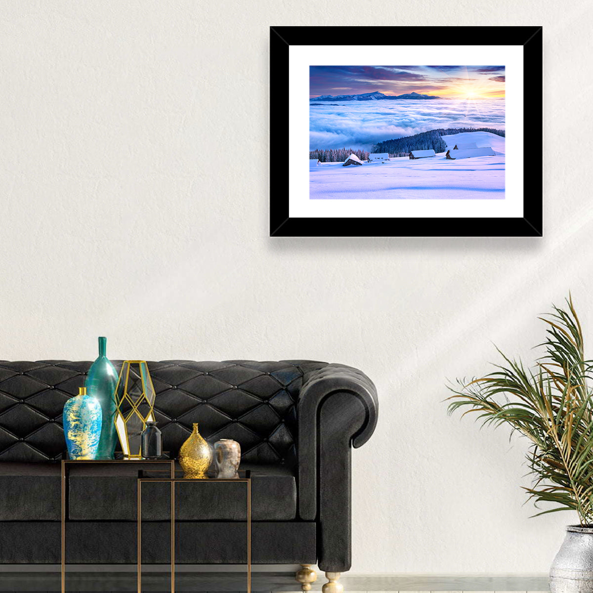 Snowy Cabins Above Clouds Wall Art in a room, landscape