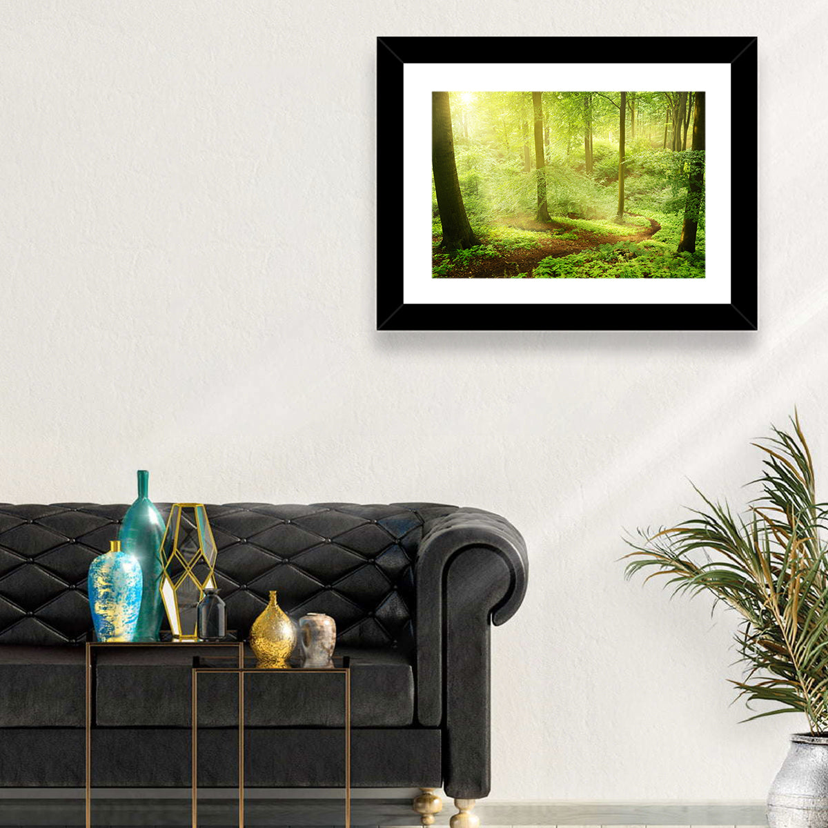 Sunlit Forest Path Wall Art in a room, landscape