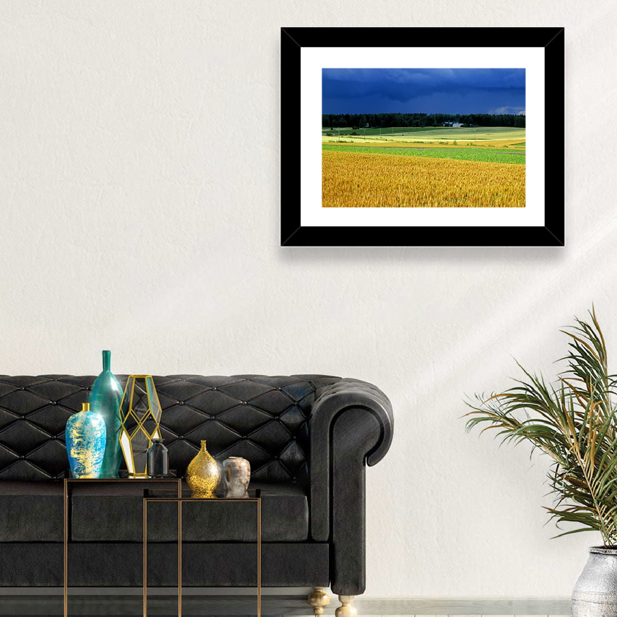 Cornfields Under Stormy Sky Wall Art in a room, landscape