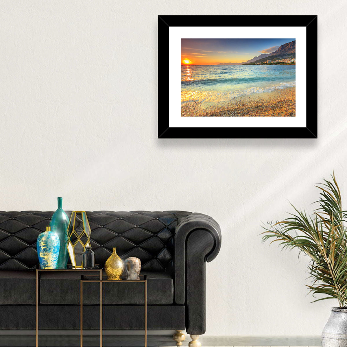 Makarska Pebble Beach Sunset Wall Art in a room, landscape