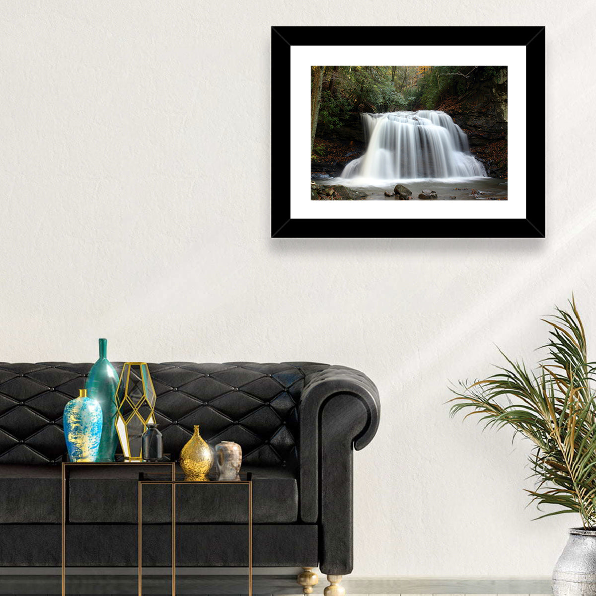 Holly River Autumn Waterfall Wall Art in a room, landscape
