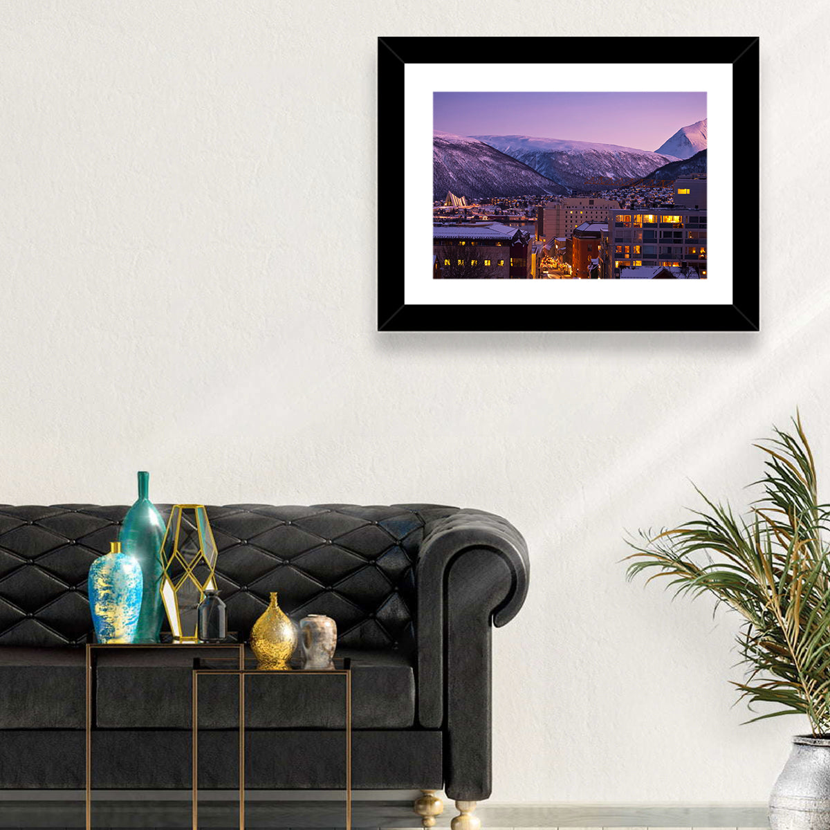 Tromsø Twilight Cityscape Wall Art in a room, landscape