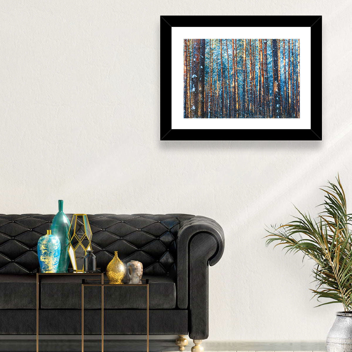 Golden Hour Winter Pine Forest Wall Art in a room, landscape