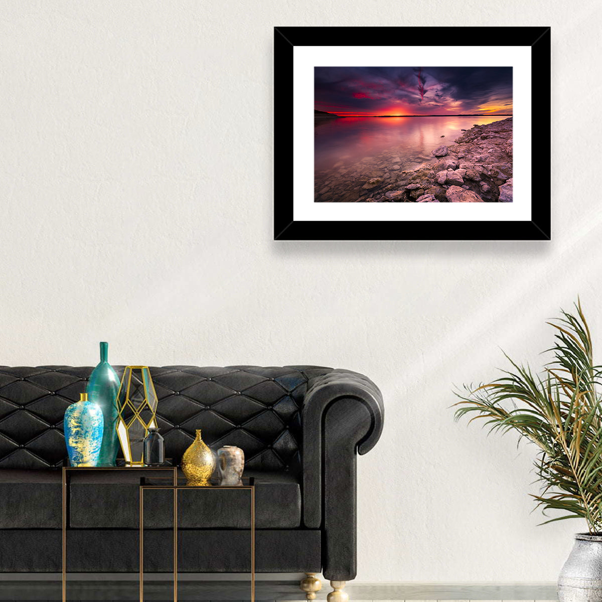Benbrook Lake Sunset Reflection Wall Art in a room, landscape
