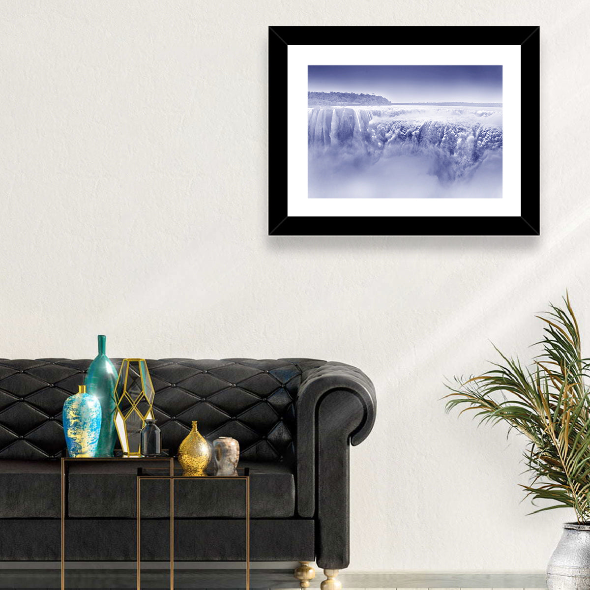 Iguazu Falls Blue Monochrome Wall Art in a room, landscape