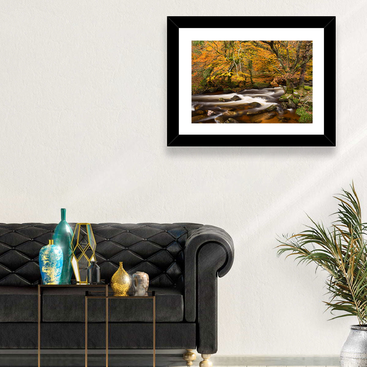 Dartmoor Autumn River in Golden Forest Wall Art in a room, landscape