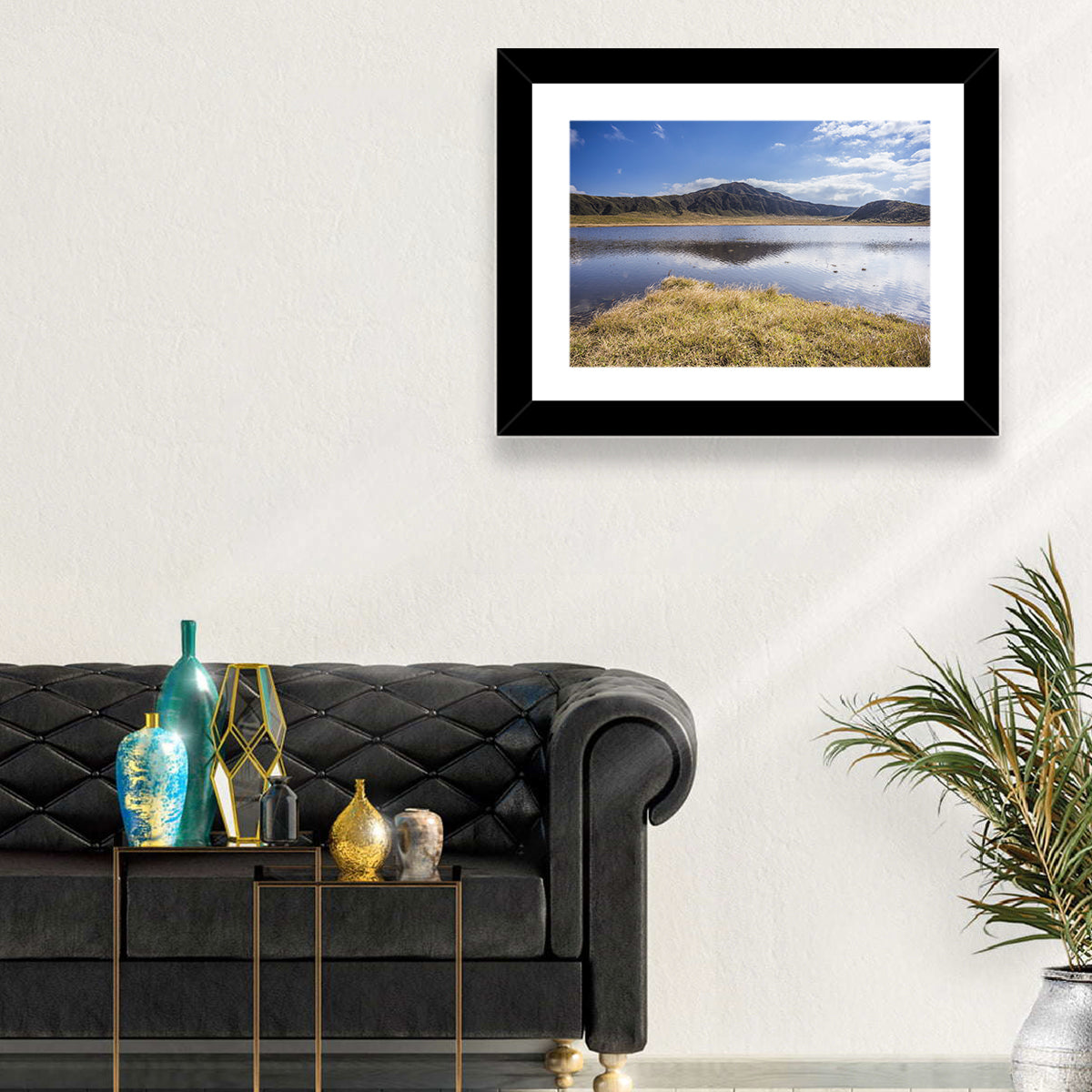 Mount Aso Lake Reflection Wall Art in a room, landscape
