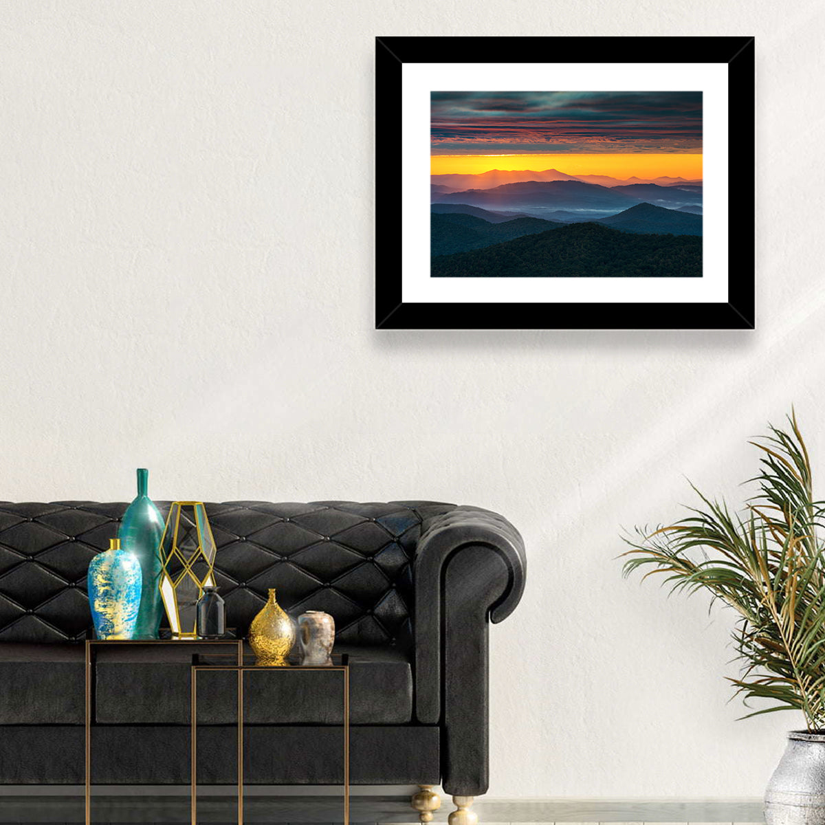 Misty Blue Ridge Sunrise North Carolina Wall Art in a room, landscape