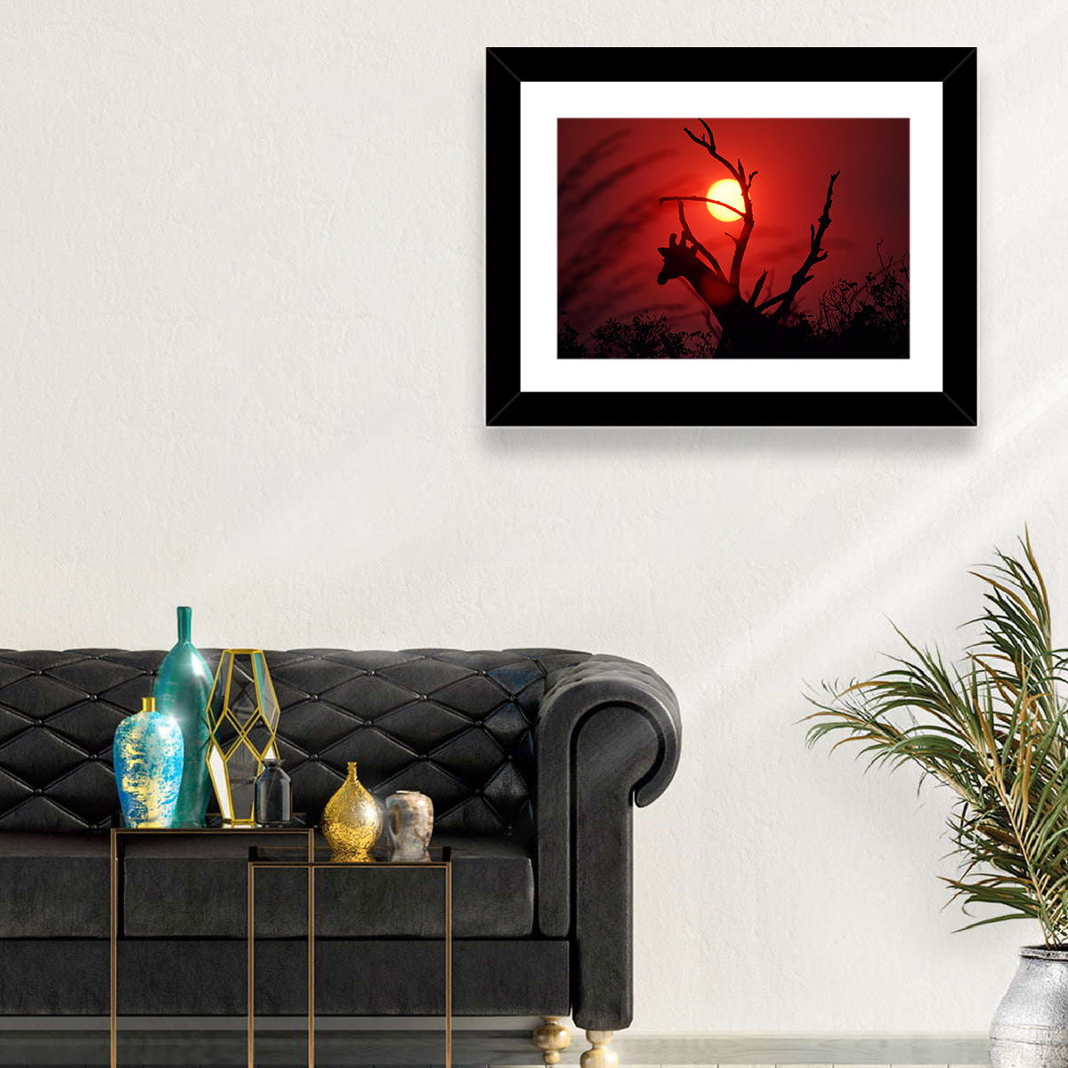 Giraffe Silhouette at Sunset Wall Art in a room, landscape