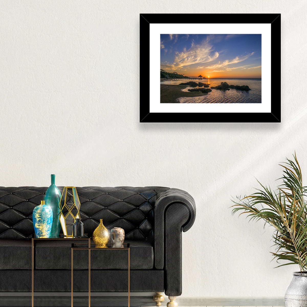 Roatan Pier Sunset Wall Art in a room, landscape