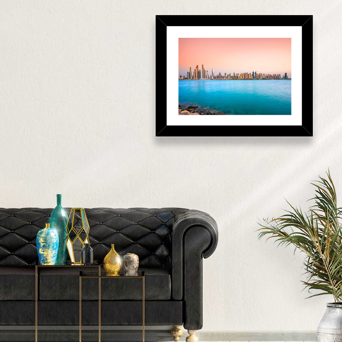 Dubai Marina Skyline Wall Art in a room, landscape