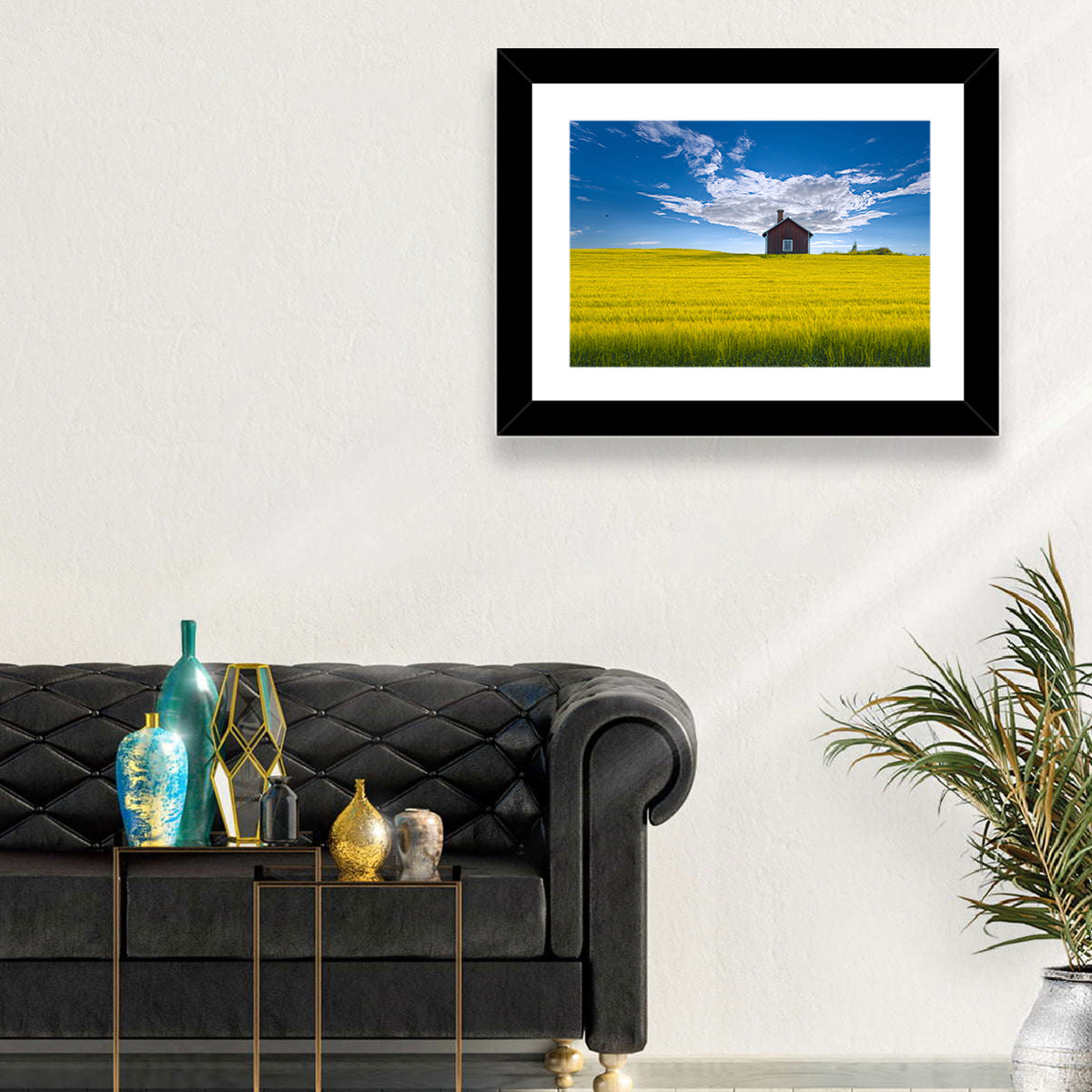 Red Barn in Golden Wheat Field Wall Art in a room, landscape