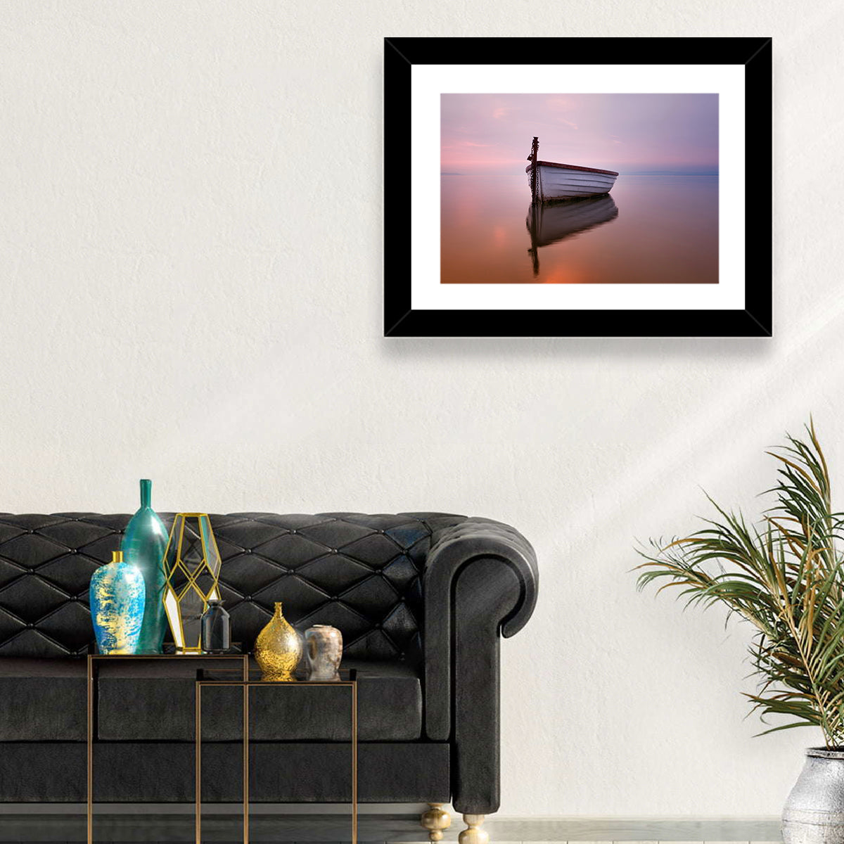 Pastel Boat Reflection Wall Art in a room, landscape