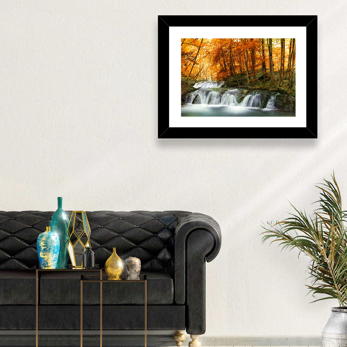 Autumn Forest Waterfall Wall Art in a room, landscape