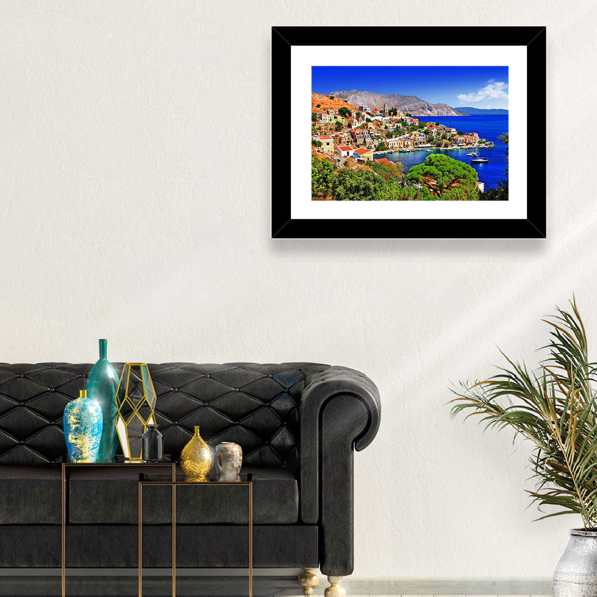 Symi Harbor, Greece Wall Art in a room, landscape