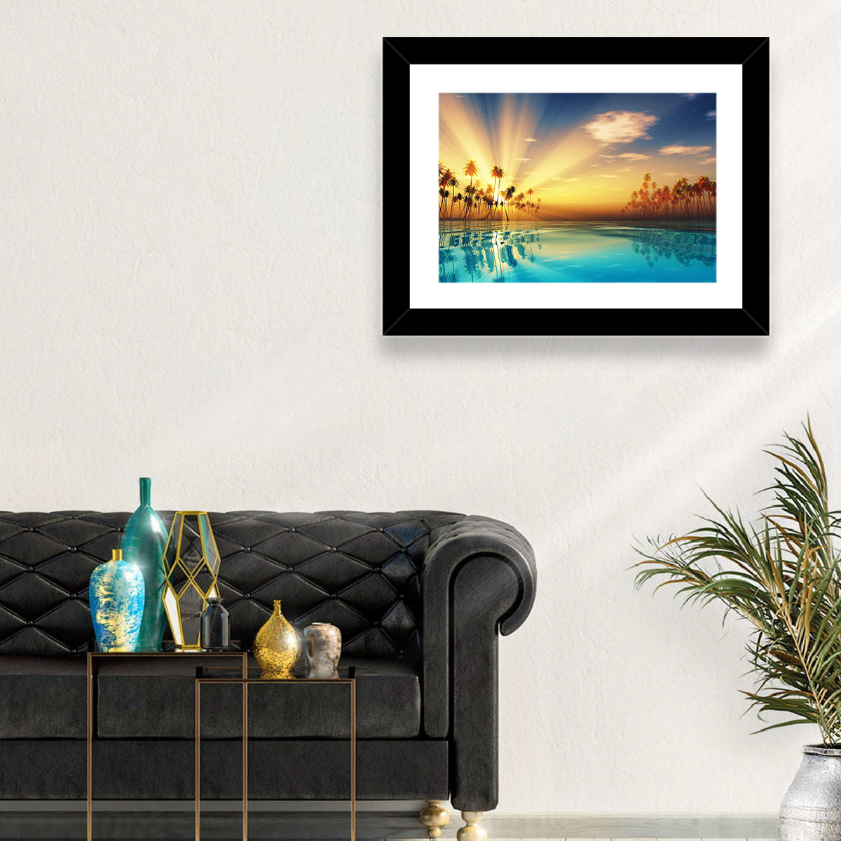 Turquoise Sunset Over Palm Island Wall Art in a room, landscape