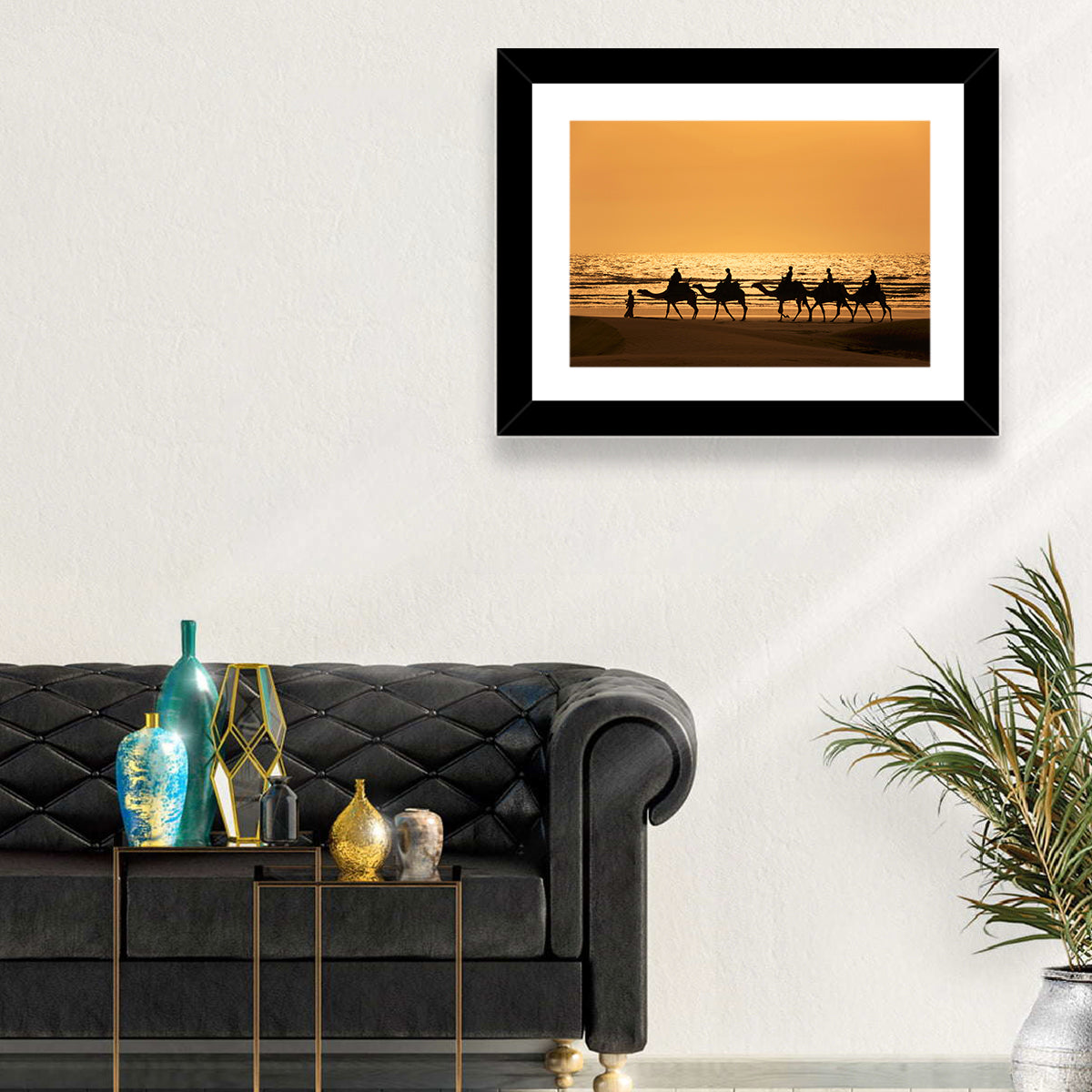 Camel Caravan Silhouette on Wet Sand Wall Art in a room, landscape