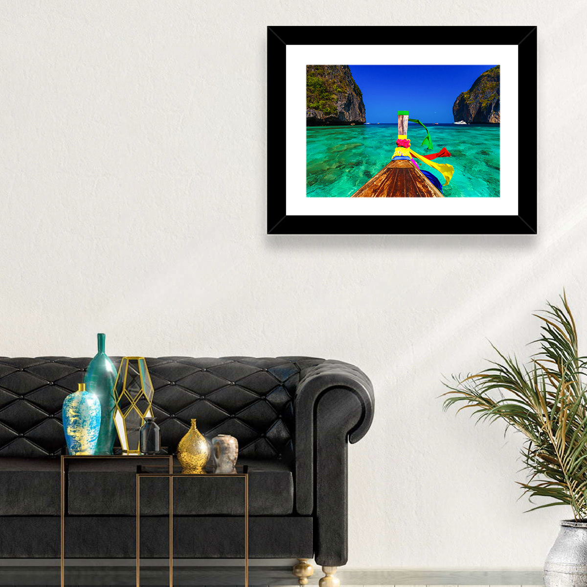 Maya Bay Long-tail Boat Wall Art in a room, landscape