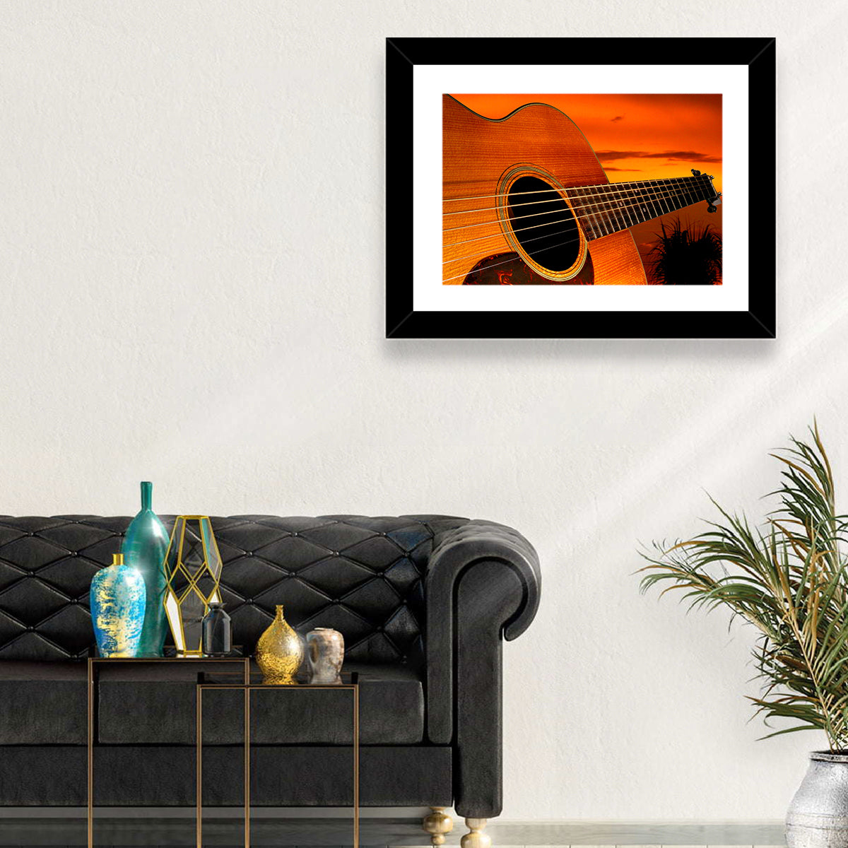 Sunset Acoustic Guitar Silhouette Wall Art