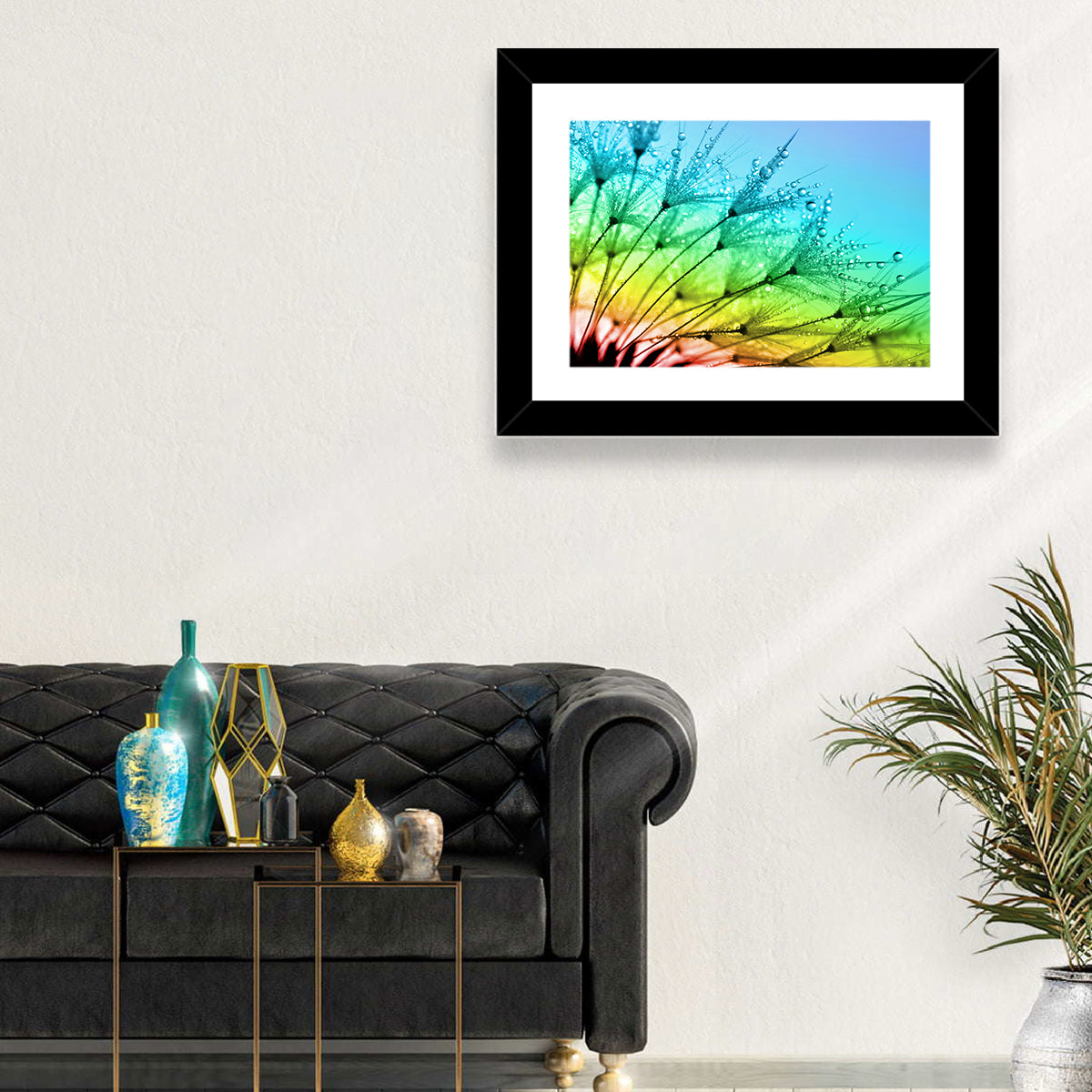 Dewy Dandelion Close-up Wall Art in a room, landscape