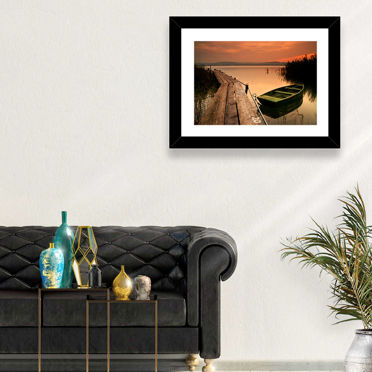 Pier and Rowboat on Lake Balaton Wall Art in a room, landscape