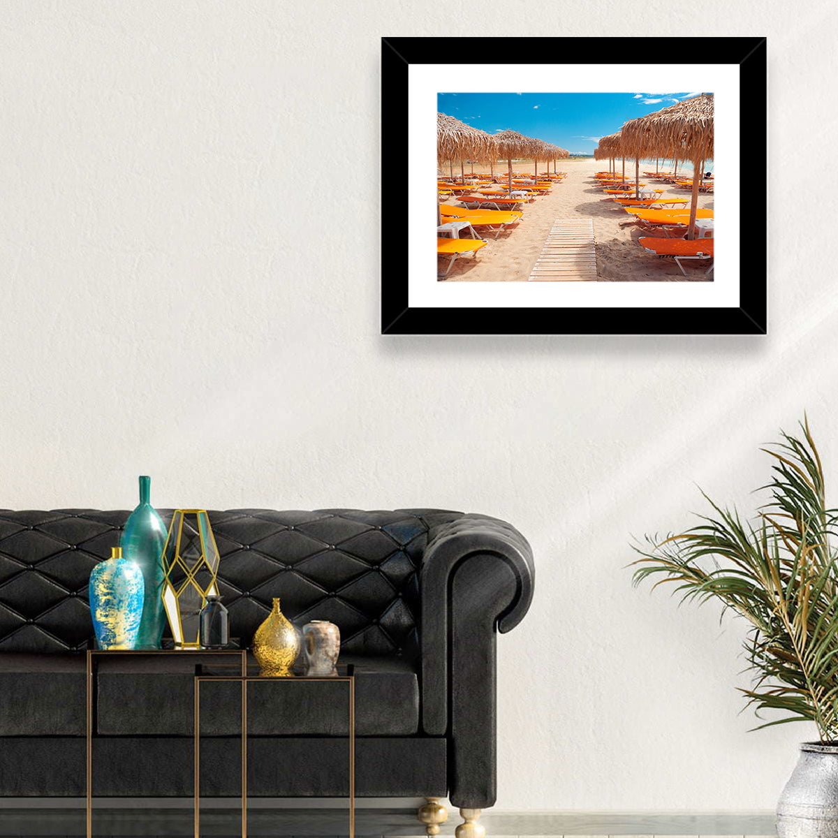 Beach Boardwalk with Orange Loungers Wall Art in a room, landscape