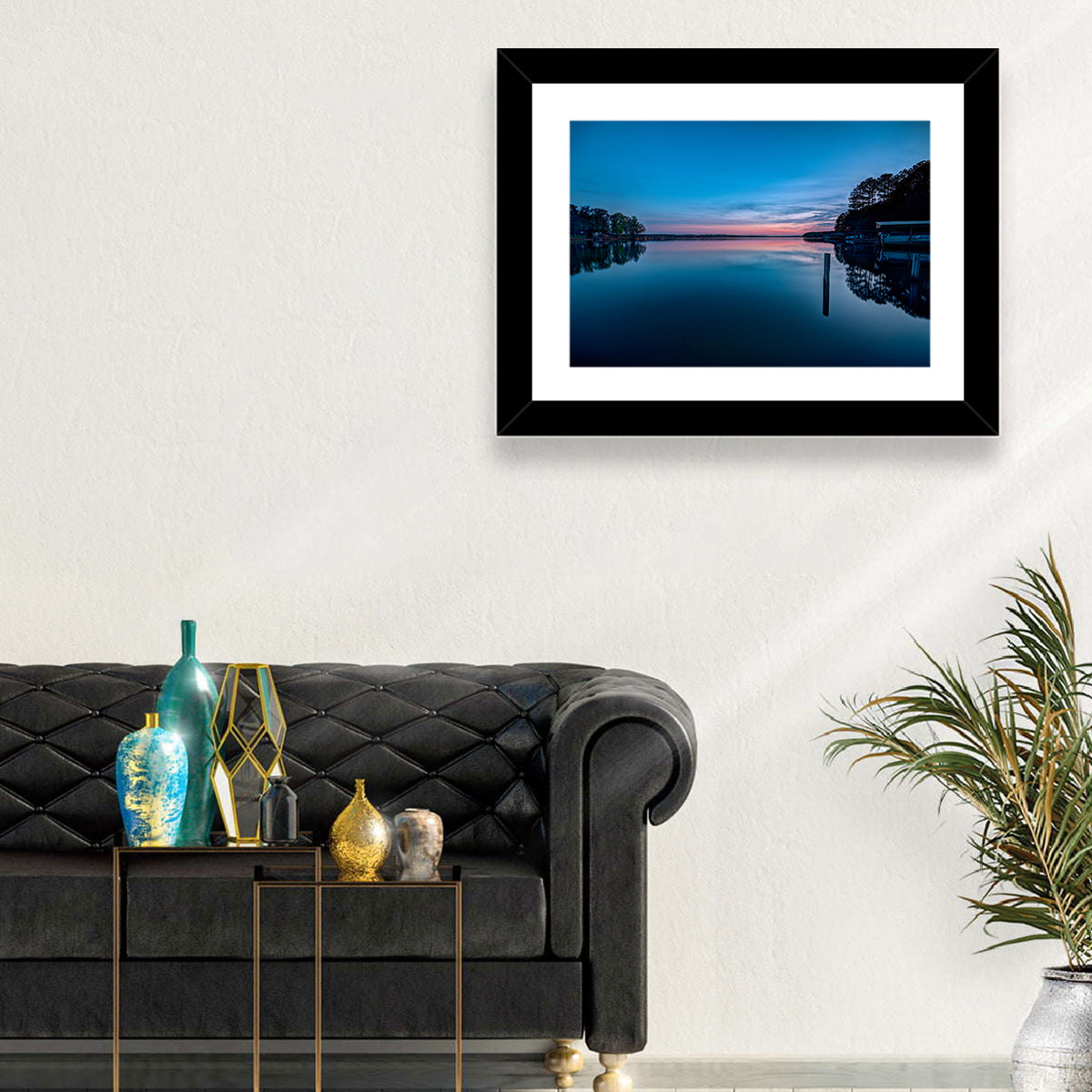 Lake Gaston Twilight Reflection Wall Art in a room, landscape