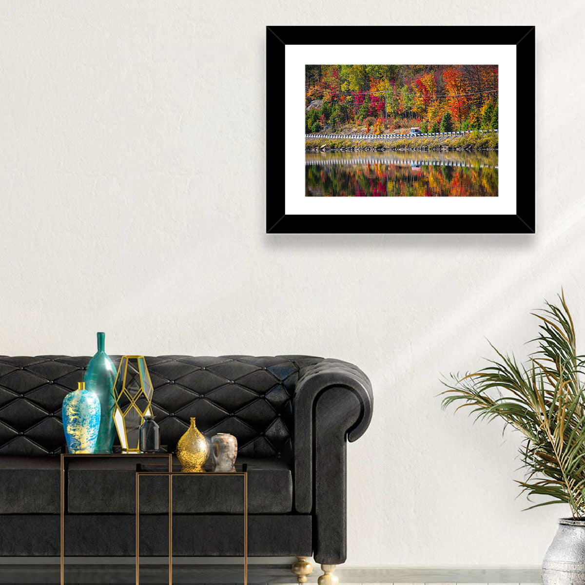 Algonquin Highway 60 Autumn Reflection Wall Art in a room, landscape