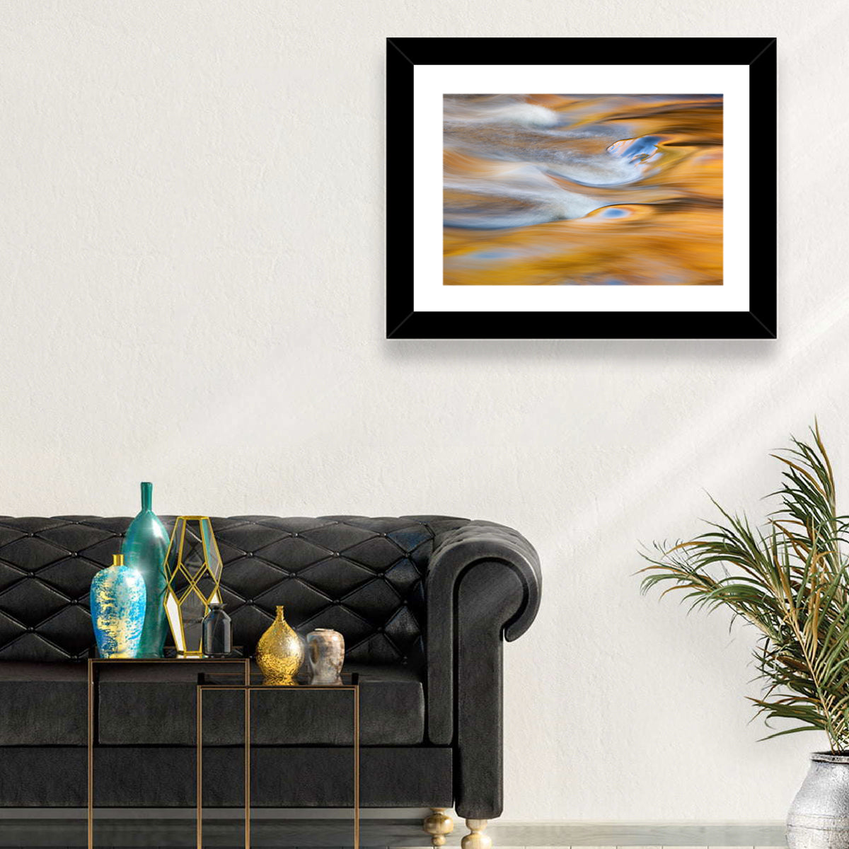 Golden Water Abstraction Wall Art in a room, landscape