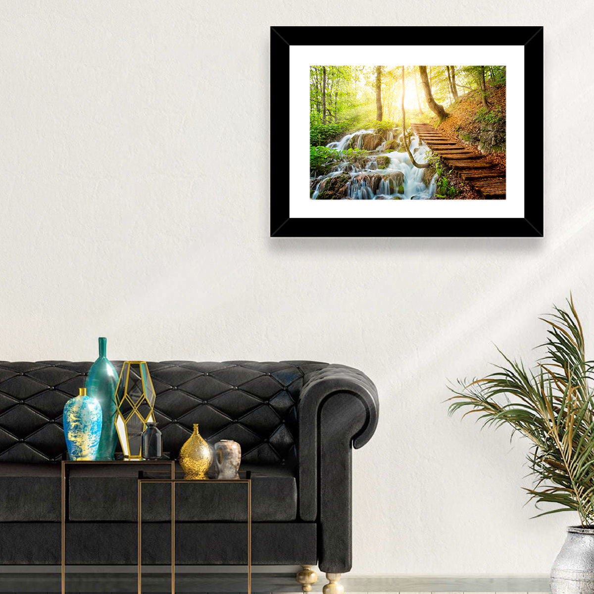 Plitvice Lakes Walkway Wall Art in a room, landscape