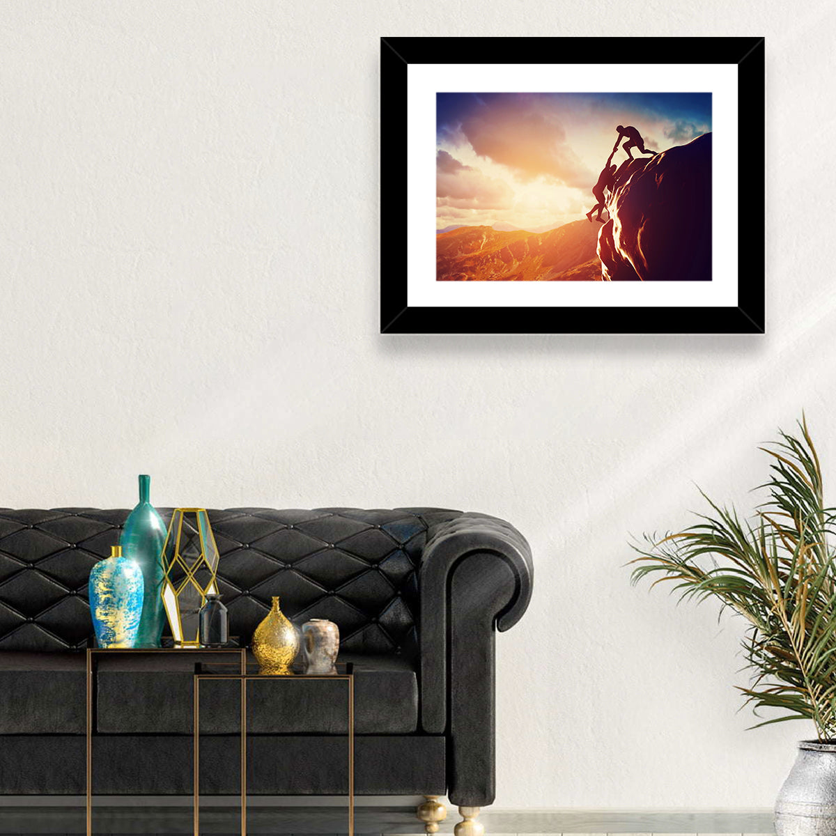 Two Hikers Summit Assist at Sunset Wall Art in a room, landscape