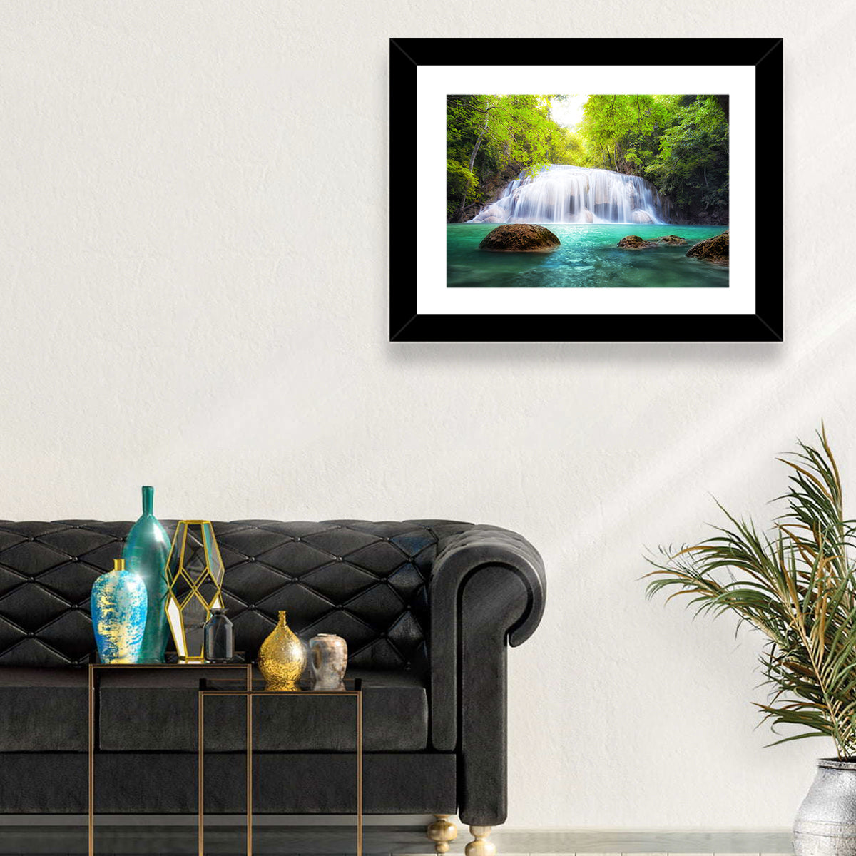 Erawan Falls Turquoise Waterfall Wall Art in a room, landscape