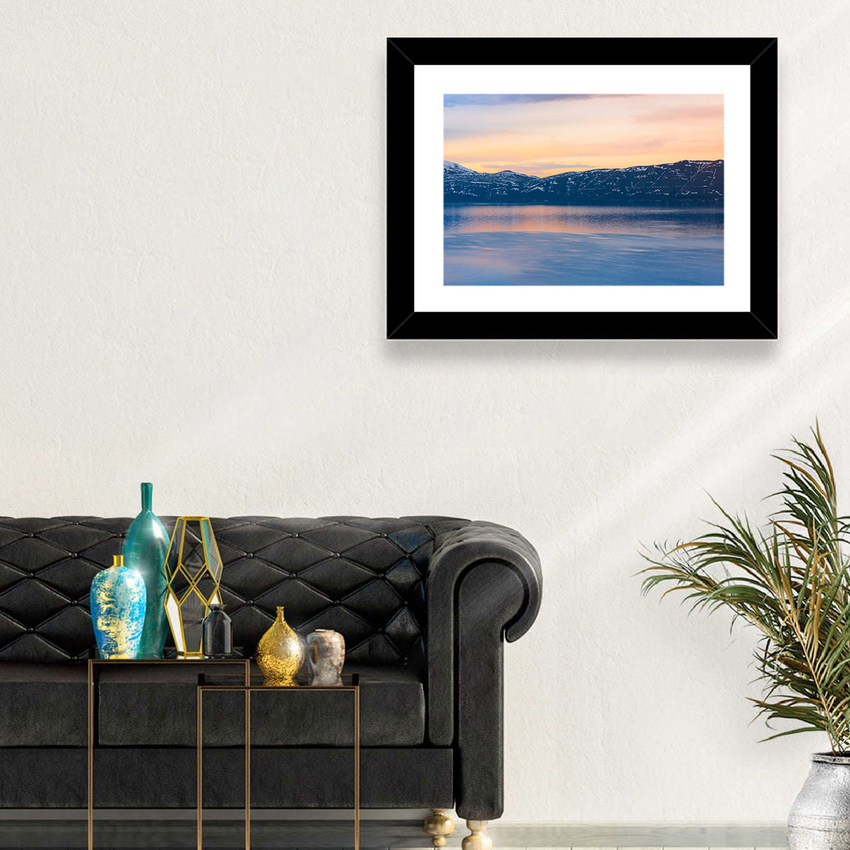 Lake Sevan Evening Reflection Wall Art in a room, landscape