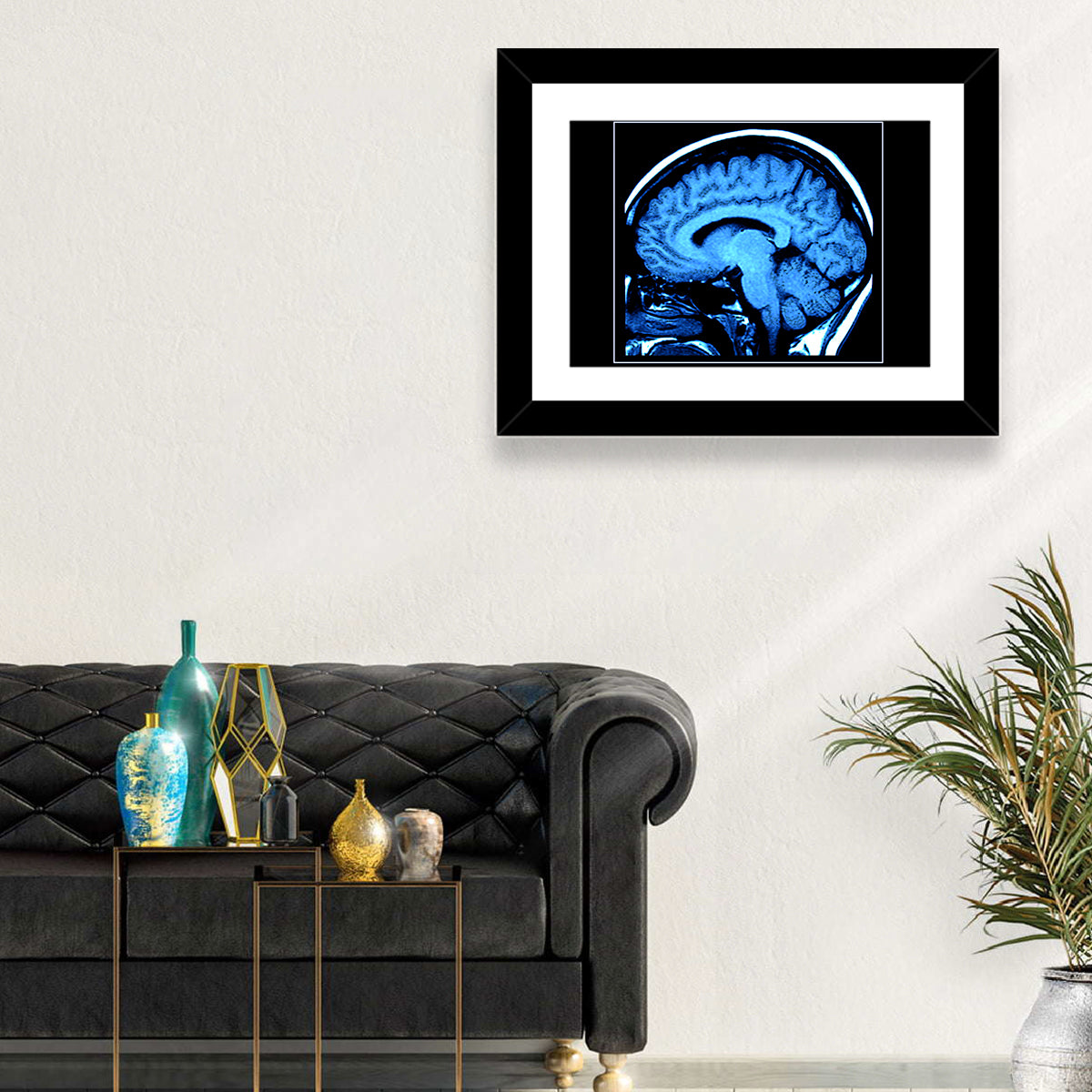 Sagittal Brain Mri Scan in Blue Wall Art in a room, landscape