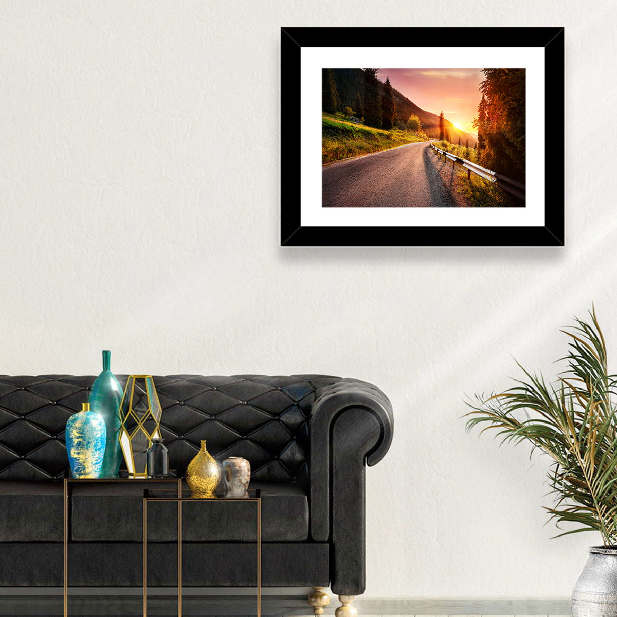 Golden Hour Mountain Road Wall Art in a room, landscape
