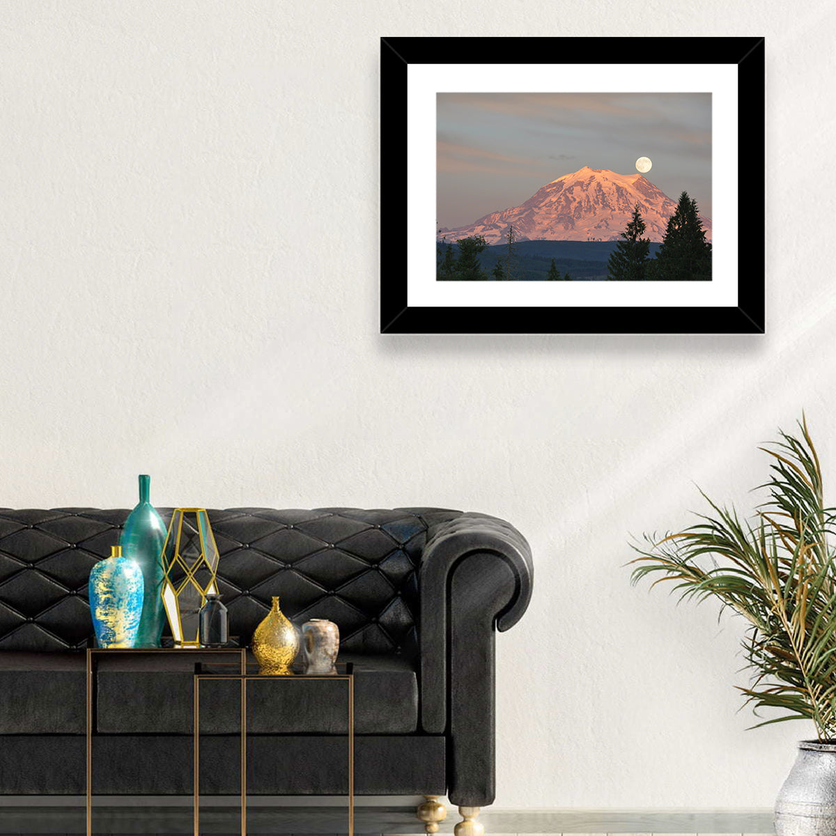 Mount Rainier Alpenglow with Full Moon Wall Art
