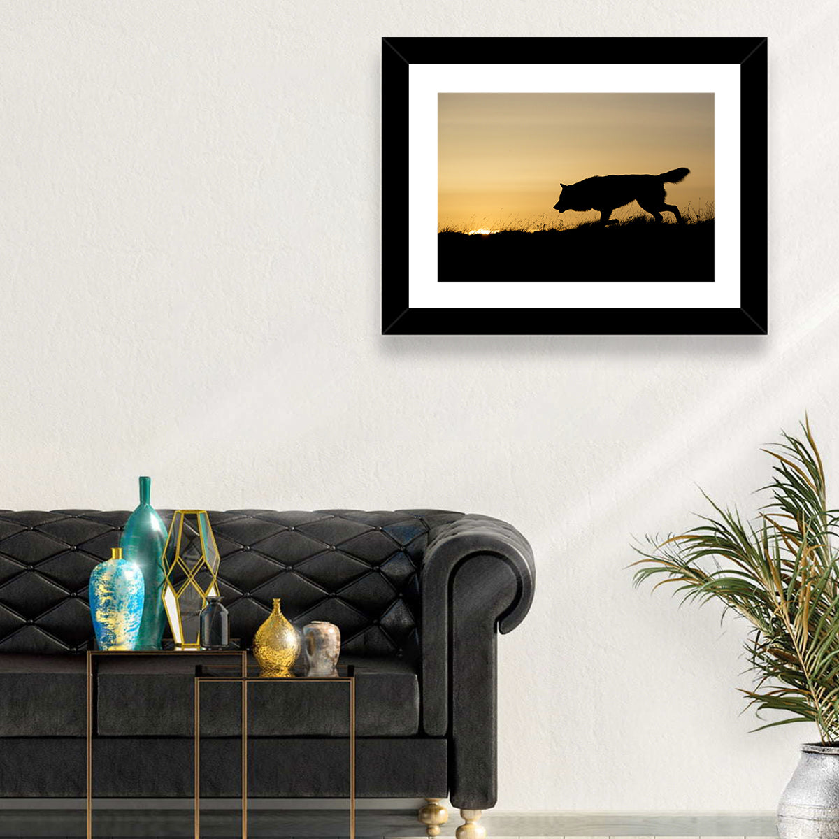Wolf at Golden Horizon Wall Art in a room, landscape