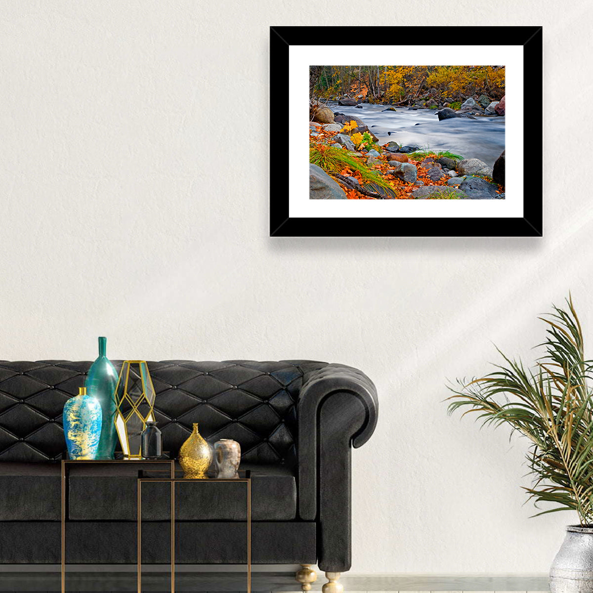 Golden Autumn Forest Creek Wall Art in a room, landscape