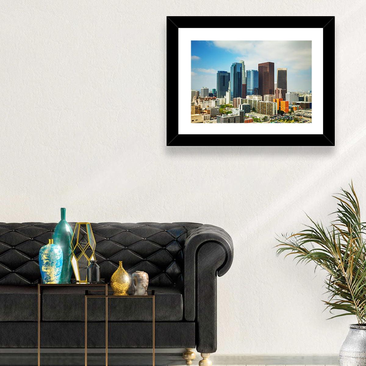 Downtown Los Angeles Skyline Cityscape Wall Art in a room, landscape