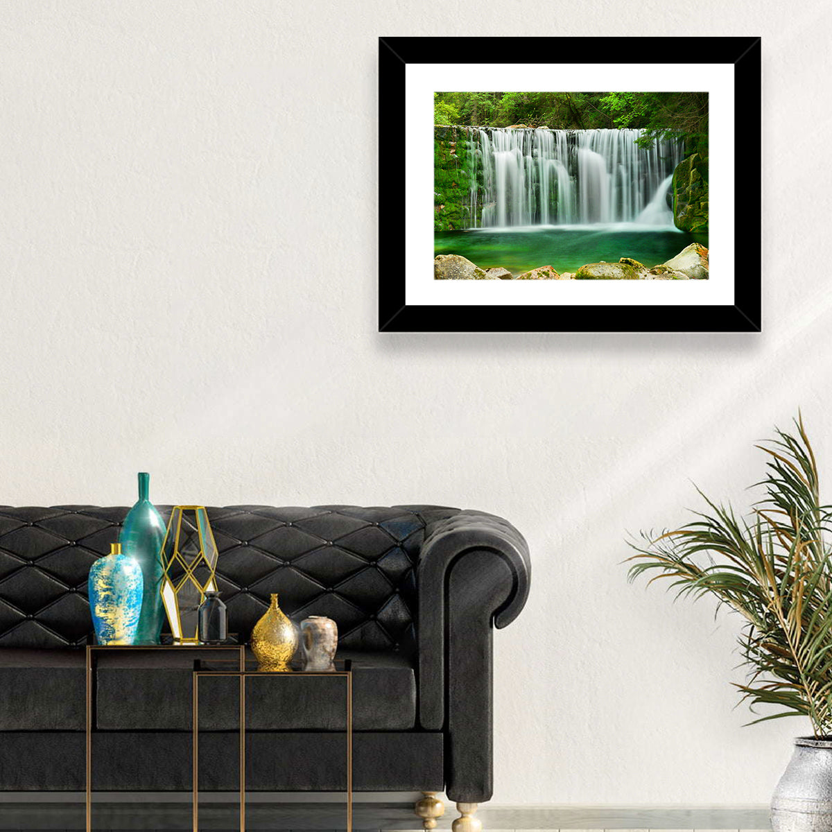 Emerald Lake Waterfall Wall Art in a room, landscape