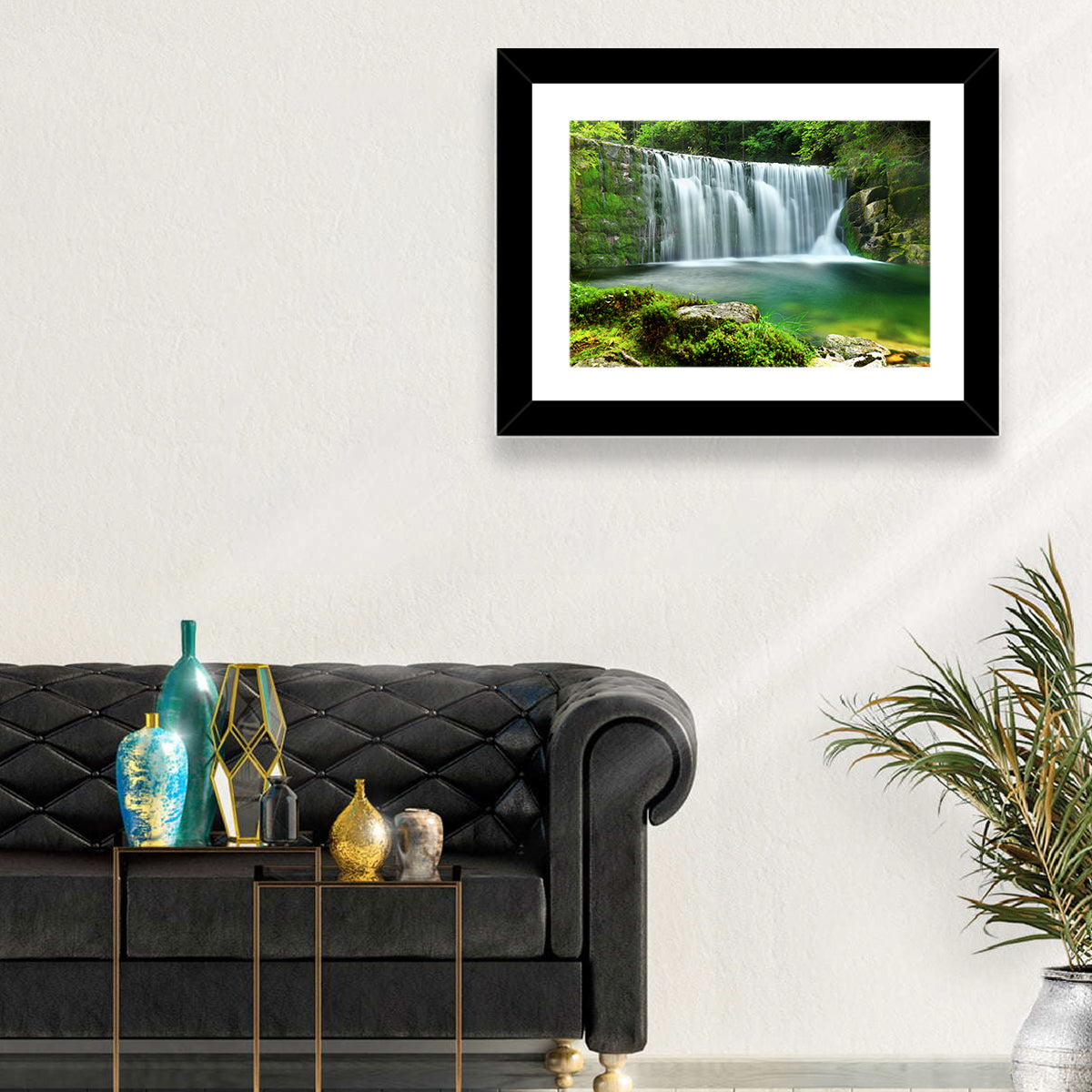 Emerald Forest Waterfall with Mossy Stones Wall Art in a room, landscape